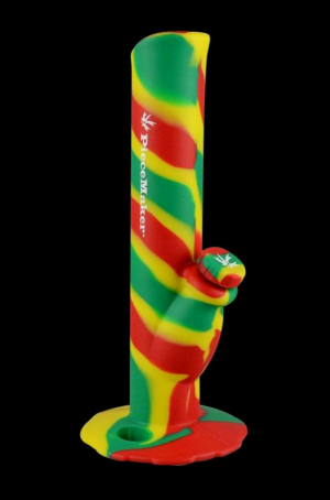 Colorful silicone water pipe with cannabis leaf branding.