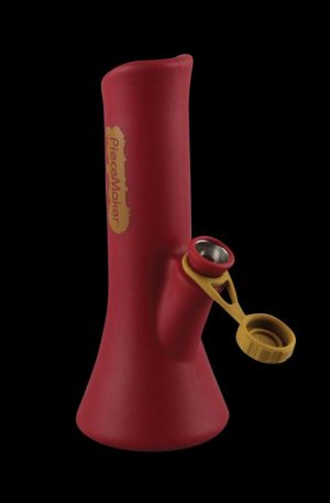Front view of the PieceMaker "KaliGo" Silicone Bong, a ruby-red waterpipe with a curved neck and textured accents.