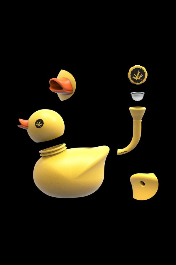 Front view of the Piecemaker Silicone Duck Water Pipe - Kwack, displaying its playful, yellow duck shape and smooth silicone material.