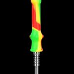 Close-up of the Portable Silicone Dab Travel Kit, featuring a sleek, silver metal tube against a dark backdrop.