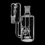 A slightly angled view of the Pulsar Showerhead Recycler Ash Catcher, showcasing its clear glass construction and unique showerhead percolator design.