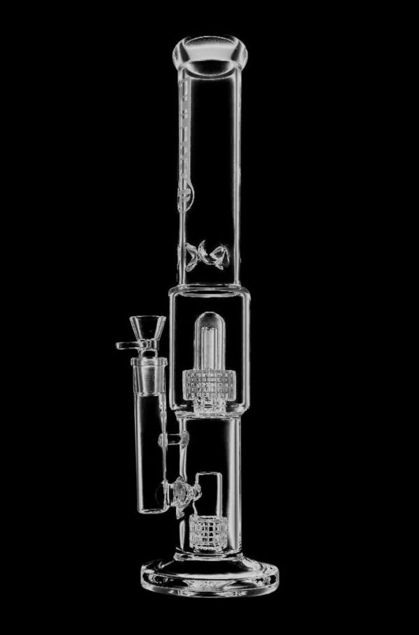 Front view of the Pulsar Double Matrix Stereo Perc Water Pipe, showing a clear glass design with internal diffusion matrix visible.
