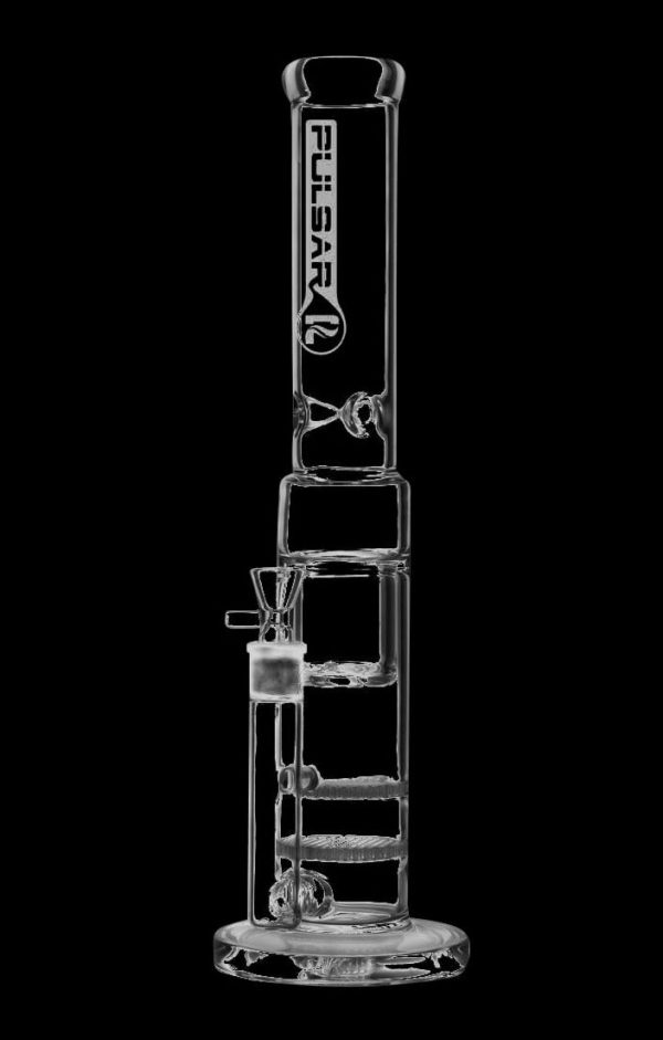 Front view of the Pulsar Double Honeycomb Inverted Showerhead Perc Bong, showcasing its clear glass construction and intricate perc design.