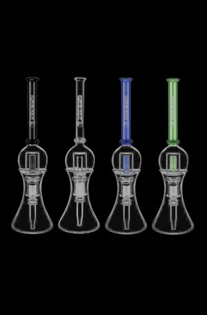 Front view of the Pulsar Bubble Vapor Vessel with Quartz Tip & Stand, featuring a clear glass body and a rounded base with a stand.