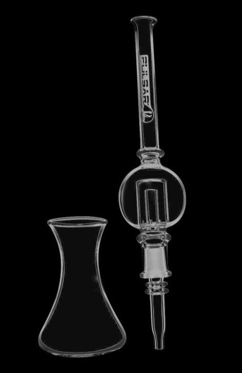 A close-up, angled view of the Pulsar Bubble Vapor Vessel with Quartz Tip & Stand, showcasing its clear glass construction and unique bulbous shape.