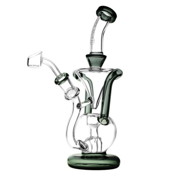 Front view of the Pulsar "Torch Water" Gravity Ball Rig Recycler, showcasing its clear glass construction and unique spherical design.