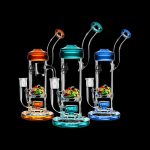 A studio shot of the Pulsar Hidden Gems French Press Rig, showcasing the clear glass and colorful accents in a front-facing view.