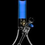 Front view of the Pulsar High Class Beaker Bong, showcasing its clear glass construction with a blue accent near the base.