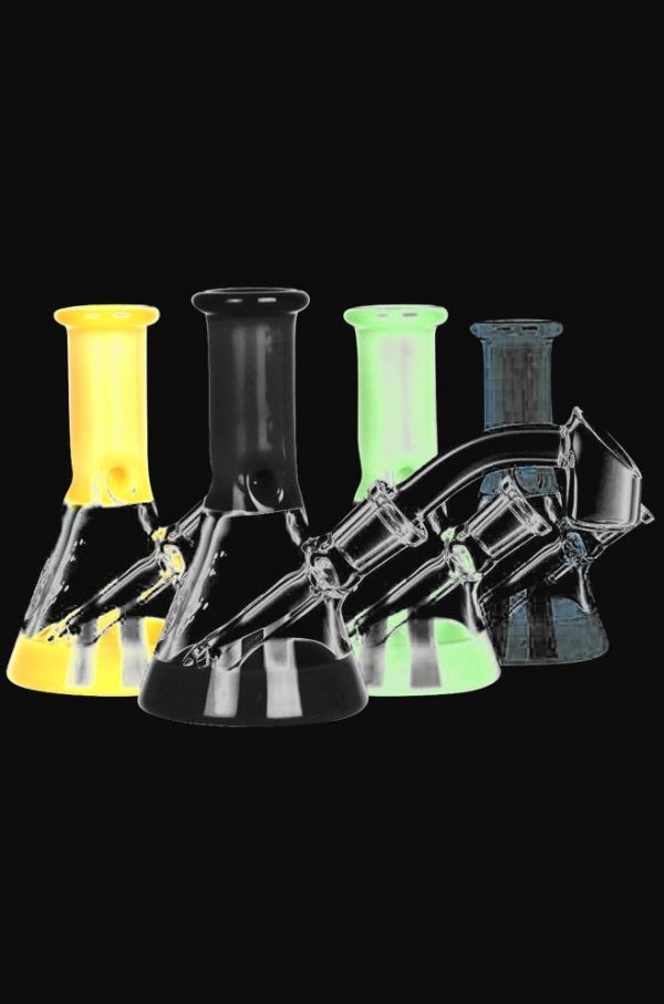 A front view of the Pulsar Mini Bi-Color Beaker Rig, displaying a colorful glass beaker on a black background.