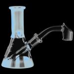 A front view of the Pulsar Mini Bi-Color Beaker Rig, showcasing the clear glass construction and simple beaker shape.