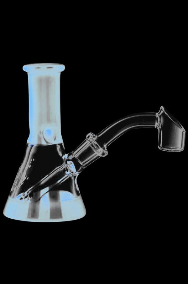 A front view of the Pulsar Mini Bi-Color Beaker Rig, showcasing the clear glass construction and simple beaker shape.