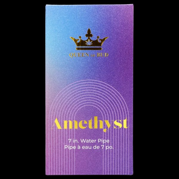 Purple box for “Queen of Bud” amethyst 7-inch water pipe, with gold lettering and a cannabis leaf crown.