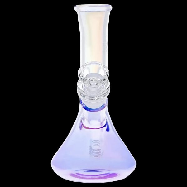 Iridescent glass bong with a flared base and downstem.