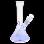 Iridescent glass bong with a flared base and clear mouthpiece.