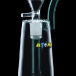 Clear glass water pipe (rig) with blue accents and a built-in percolator, branded with "ATOMI" lettering.