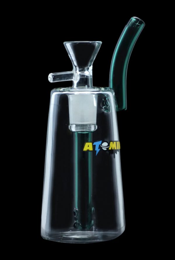 Clear glass water pipe (rig) with blue accents and a built-in percolator, branded with "ATOMI" lettering.