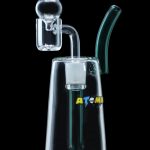 Clear glass water pipe with a perc filter and branded with “ATOMI” in neon lettering, against a black background.