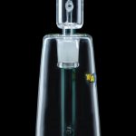 Clear glass water pipe with teal accents, isolated on a black background.