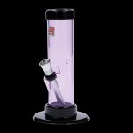 Pink glass water pipe with a metal bowl, isolated on a black background.