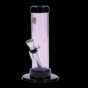 Pink glass water pipe with a metal bowl, isolated on a black background.