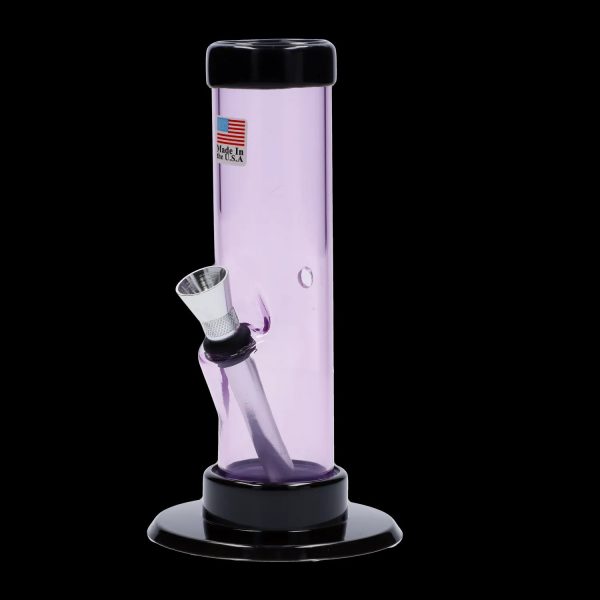 Pink glass water pipe with a metal bowl, isolated on a black background.
