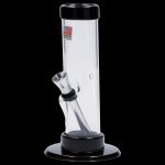 Clear glass water pipe with a black base and bowl.