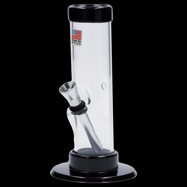 Clear glass water pipe with a black base and bowl.