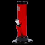 Red glass water pipe with a removable downstem and black base, isolated on a black background.