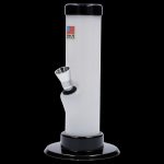 White glass water pipe with black accents, displaying a “Made in the U.S.A.” label.