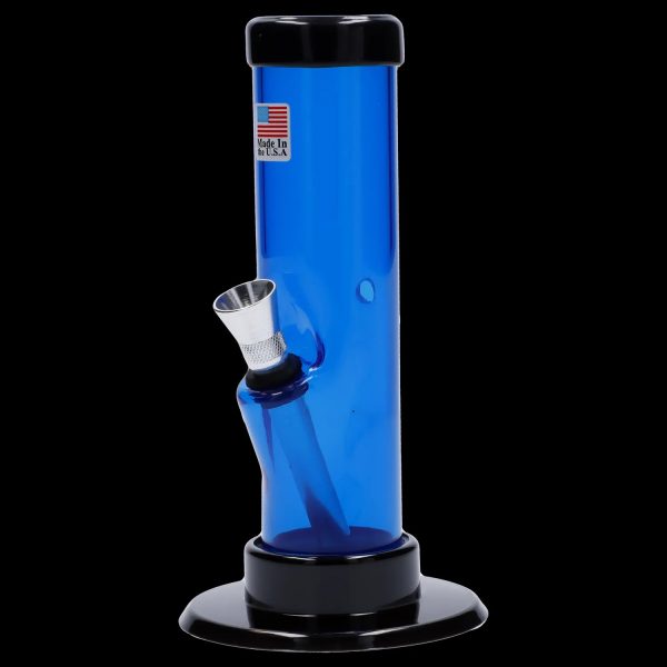 Blue glass water pipe with a flared base and glass bowl.