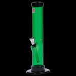 Green glass bong with metal downstem and base.