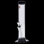 Clear glass bong with a black base and mouthpiece.