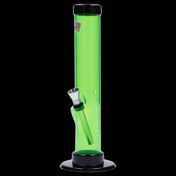 Green glass water pipe with a black base and clear glass bowl.