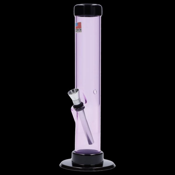 Pink glass water pipe with metal downstem and black accents.