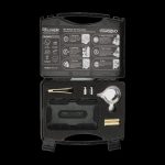 Closed black cannabis scale kit with tools, instructions, and calibration weights.