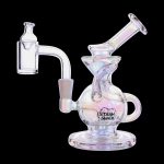 Iridescent glass dab rig with a quartz banger, branded with “Stash Shack.”