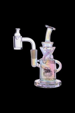 Iridescent glass dab rig with a quartz banger, featuring a “Stash Shack” logo.