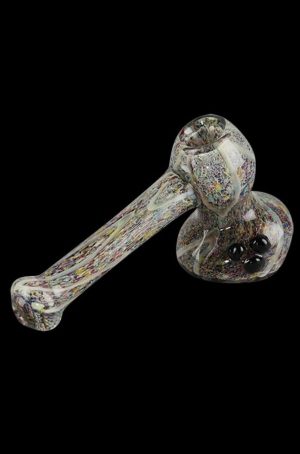 A side view of the Rainbow Speckled Hammer Bubbler, showcasing its speckled glass and compact hammer-style design.