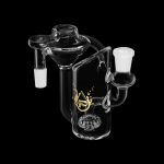 Glass water pipe with intricate design and multiple chambers, isolated on a black background.