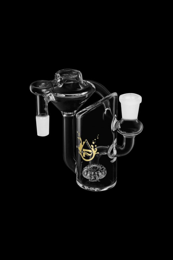 Glass water pipe with intricate design and multiple chambers, isolated on a black background.