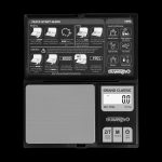 Close-up of a digital scale with a quick start guide for weighing, calibrating, and taring, labeled "TrueWeigh Grand Classic."