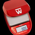 Red digital scale with a stainless steel weighing platform, displaying 0.00g.