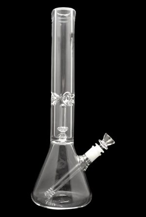 Clear glass bong with ice catcher and detachable downstem.