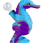 A sculpted, front view of the Premium Silicone Seahorse Molded Water Pipe, showing its blue and purple coloration.
