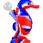Front view of the Premium Silicone Seahorse Molded Water Pipe, sculpted in blue and pink silicone.