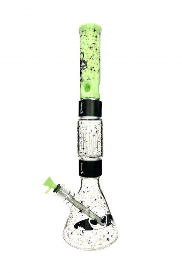 A vibrant green and clear glass water pipe (rig) with a star-filled design, featuring black perculators and a glass bowl.