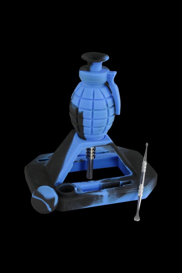 A front view of the Silicone "Dab Grenade" Vapor Straw Collector Kit, showing the black and blue collector on a dark surface.