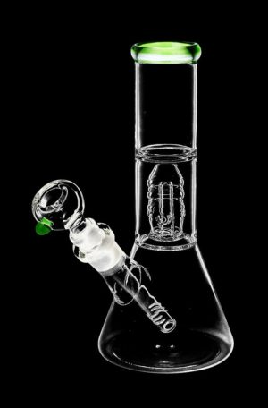 Front view of the Stacked Showerhead Perc Beaker Water Pipe, showcasing its clear glass construction and unique stacked perc design.