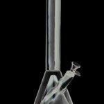 Front view of the Showerhead Pyramid Perc Striped Silicone & Glass Water Pipe, showcasing its clear glass construction and pyramid shape.