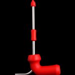 Red glass pipe with a long, slender mouthpiece and reflective surface.